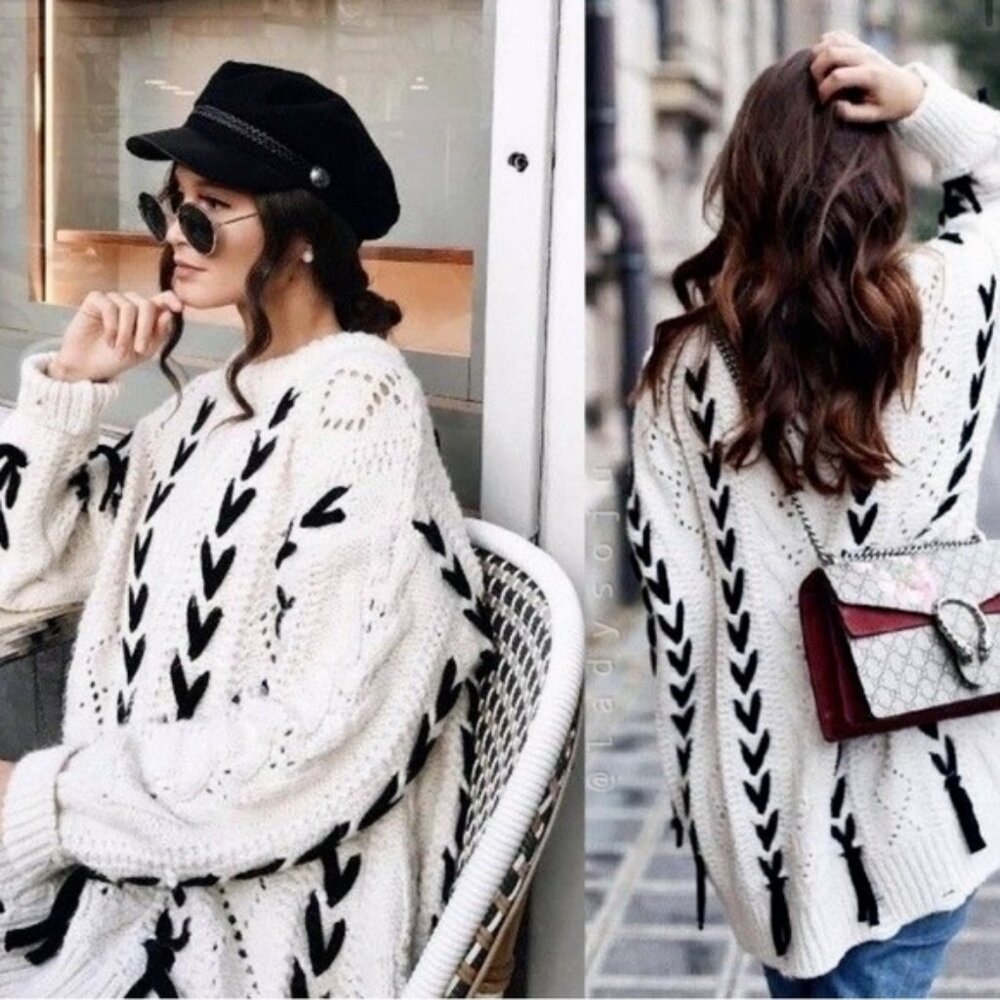 Zara Lace Up Open Knit Sweater Distressed, size S